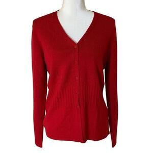 Neiman Marcus‎ Red 100% Wool Cardigan Sweater Large Button Front Ribbed Waist